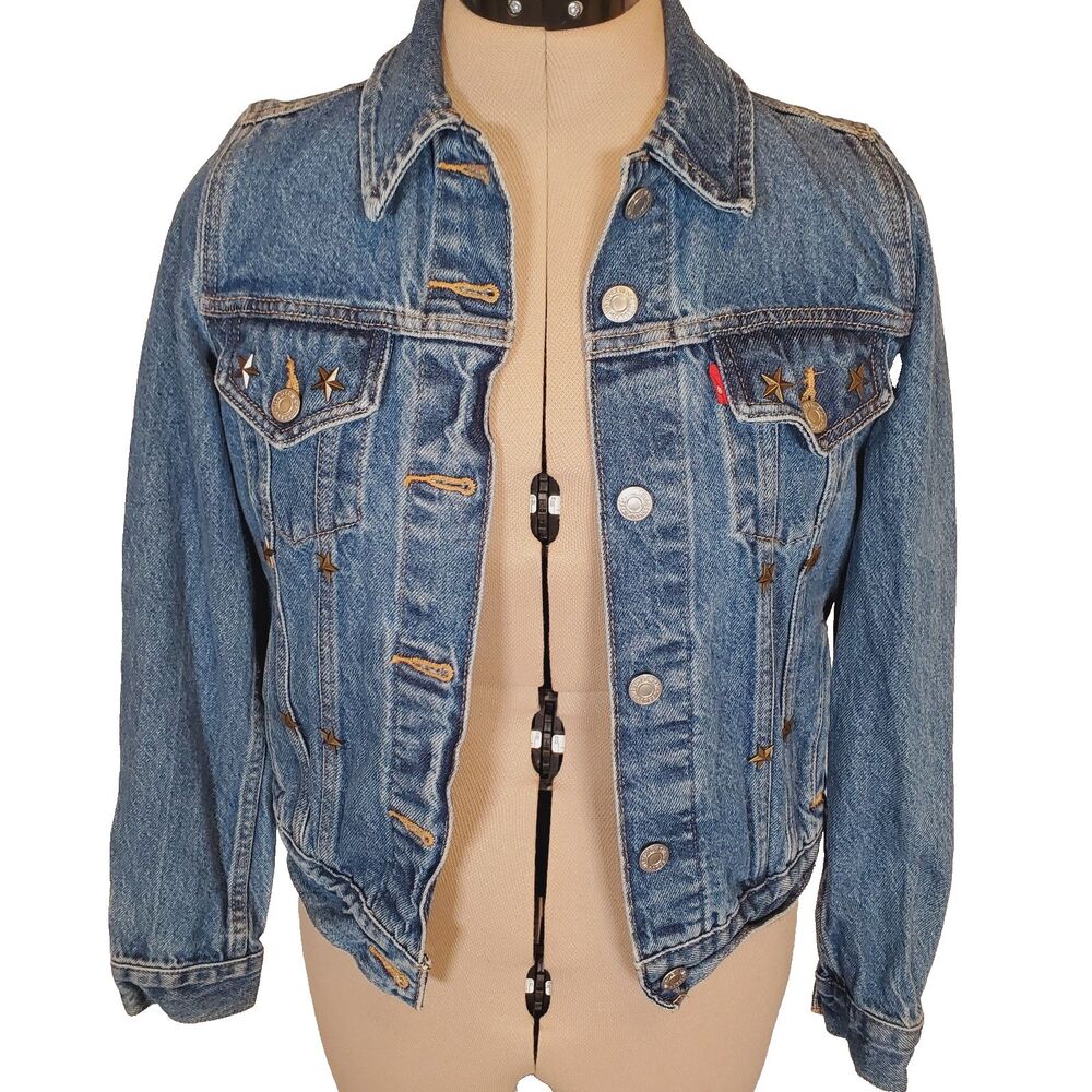 Levi’s Women’s Denim Jacket XS Blue Medium Wash Brass Stars Jeans Slim Fit